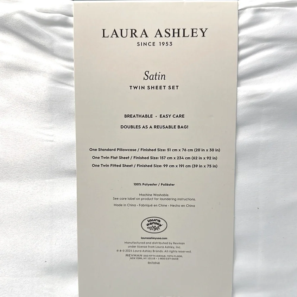 NWT Laura Ashley Satin Twin Sheet Set